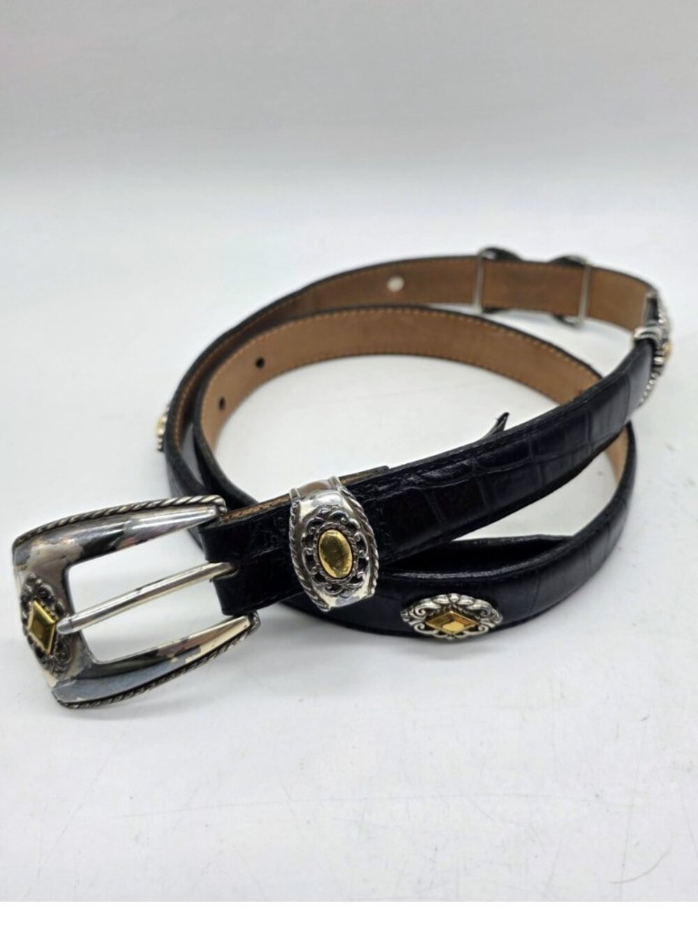 Brighton Black Leather Belt Vintage Silver Belt Buckle Large 34 SEE